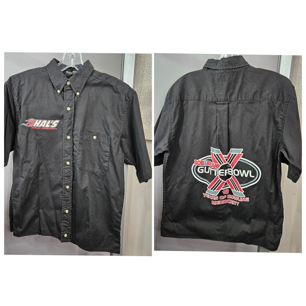 Harley Davidson Hals Bowling Shirt S Cotton Black Button Front Pocket Bob Brian